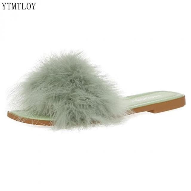 Mules Slippers Women Fashion Square Toe Furry Flat Shoes Office Ladies Slides Flats Green White Pink Ytmtloy Zapatillas Mujer 39 green