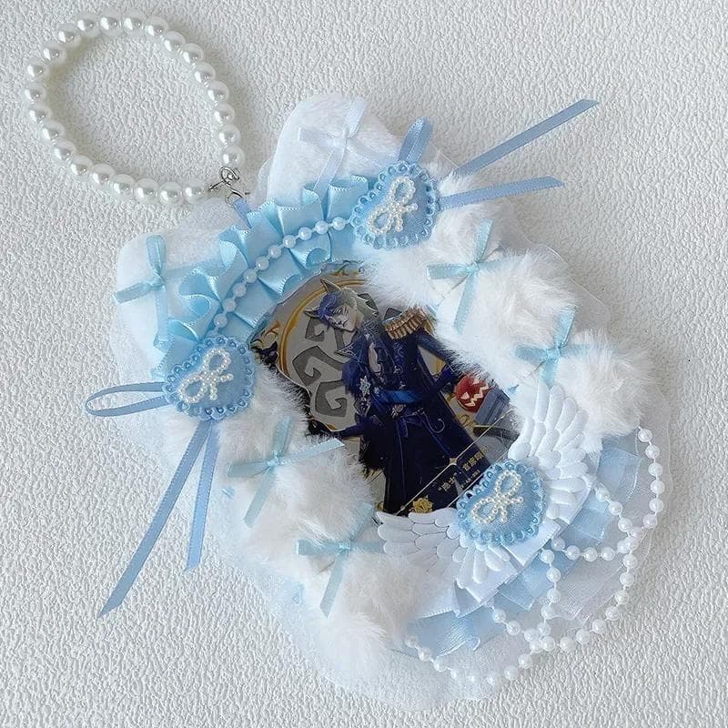 Korean Lace Bow Photocard Holder Furry Kawaii Bow Displaying Photo Card Cover Case with Lanyard Set Sweet Kids Gift Student