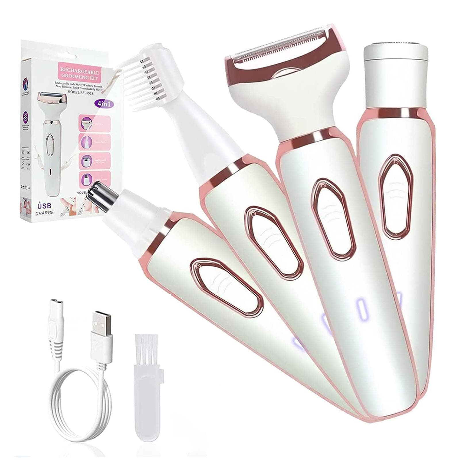 4-IN-1 Women's Electric Hair Remover Rechargeable Body Hair Removal Tool Set Nose Hair Lip Hair white