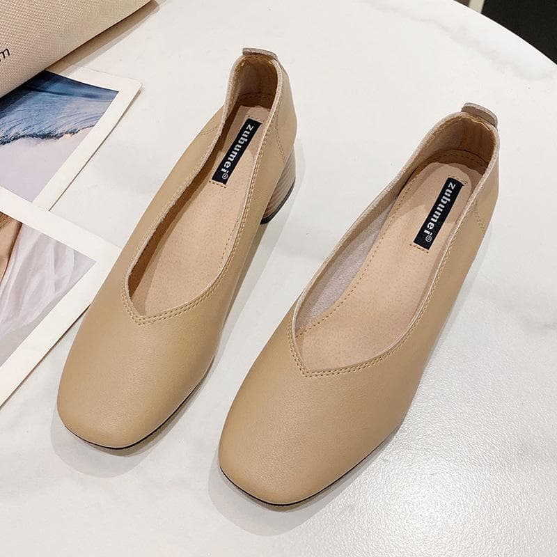 Square Toe Chunky Heel Pumps Korean Casual Genuine Leather Glove Shoes Soft Bottom Slip-on Temperament Women's Soft Leather Shoes 40