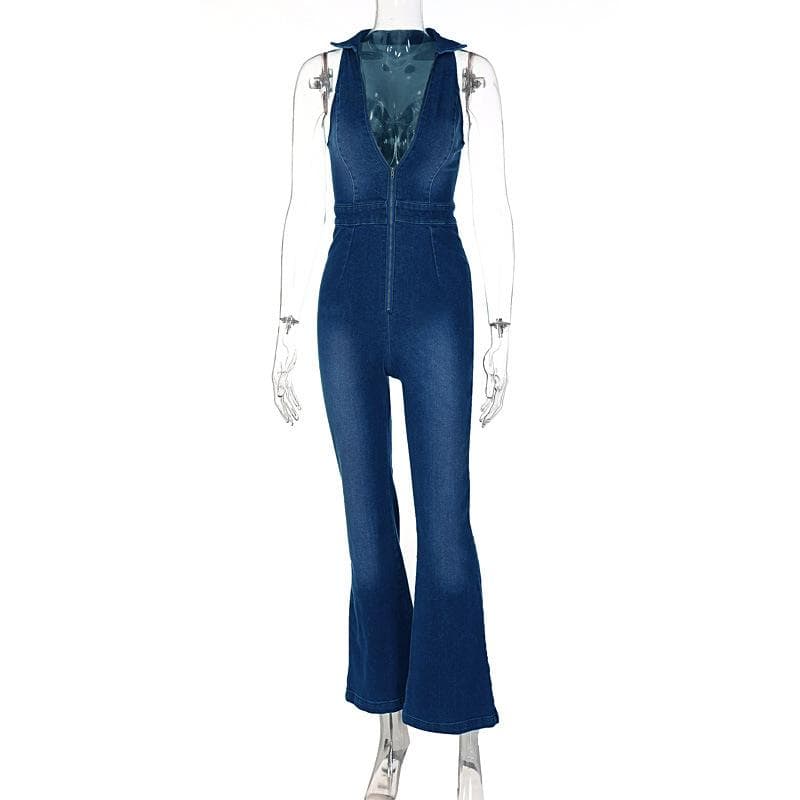 Europe and The United States Wind, Women's Clothing, 2025, Summer New, Slim and Thin, Fashion Street, Retro Style, High-waisted Denim Jumpsuit M blue