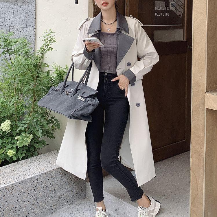 Women's Design Autumn Windbreaker Coat for Women Medium-length Korean Style Loose Large Size Temperament Retro British Style Coat XL
