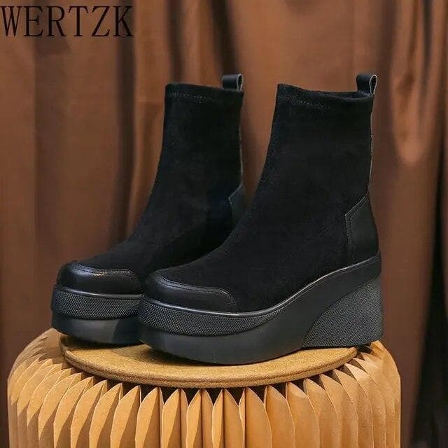 High Heels Boots Round Toe Women Ankle Boots Platform Wedges Women Knee High Boots Classic Elastic Boots 36 black