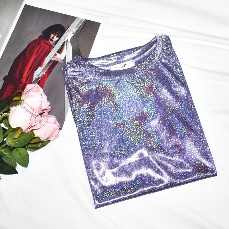 Korean Glitter Silk Loose Fit T-Shirt - Trendy Large Size Short-Sleeve Top for Women and Students L mid-length purple