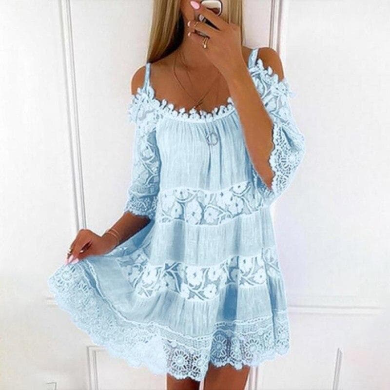 Sexy Off Shoulder Lace Dress Casual Loose Sweet Dress Summer Short Sleeve Camisole Solid Color O-neck Short Mini Dresses 26249 5XL light blue