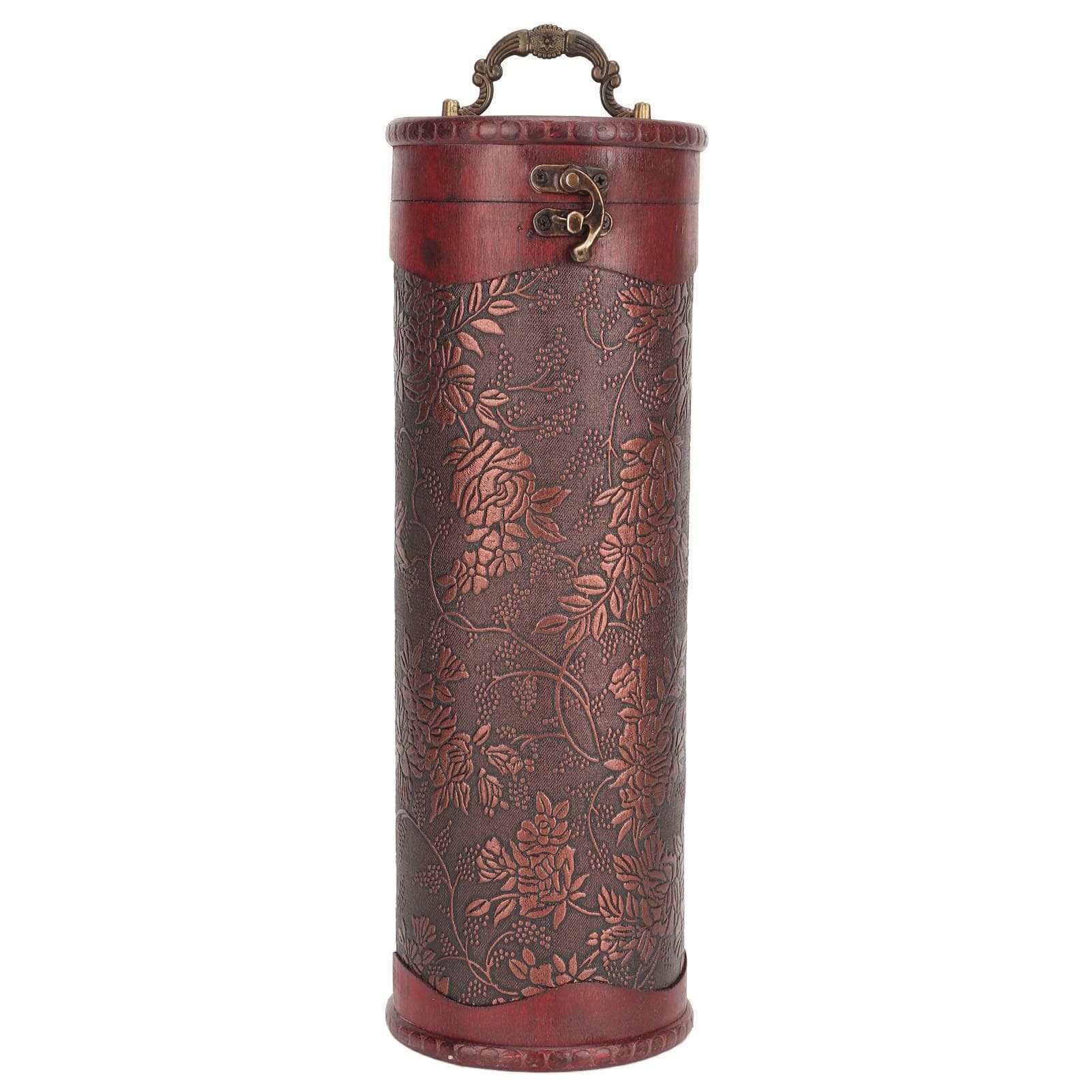 Antique Finish Wooden Wine Bottle Box Grape Pattern Artificial Leather Portable Red Wine Storage