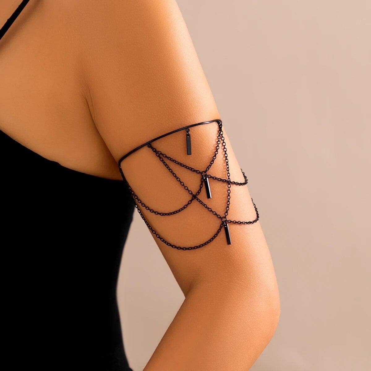 PuRui Black Open Upper Arm Bracelet for Women Jewelry Rectangle Stick Star Charm Tassel Arm Cuff Bangle Summer Accessories Girls black