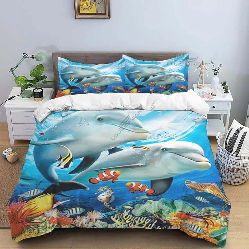 Dolphin Pattern Comforter Bedding Set,Duvet Cover Bed Set Quilt Cover Pillowcase,King Queen Size Bedding Set EU single(135x200cm)