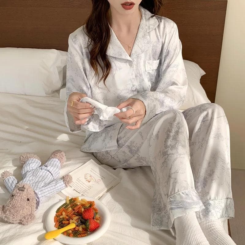 Spring Autumn Long Sleeve Trouser Pijamas Suit Sweet Print Flower Female Pajamas Set Sleepwear Casual Satin Homewear Loungewear XL