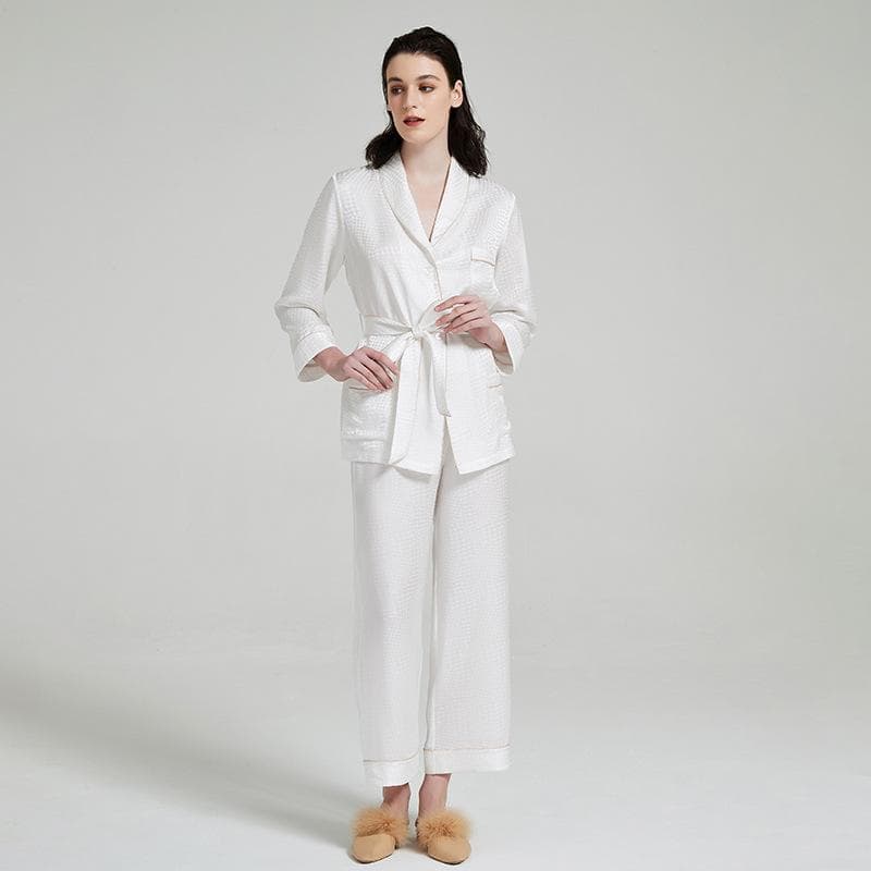 Pajama Set Women's Classic Houndstooth Pajama Set Jacquard Long Sleeve Pants Home Wear XL