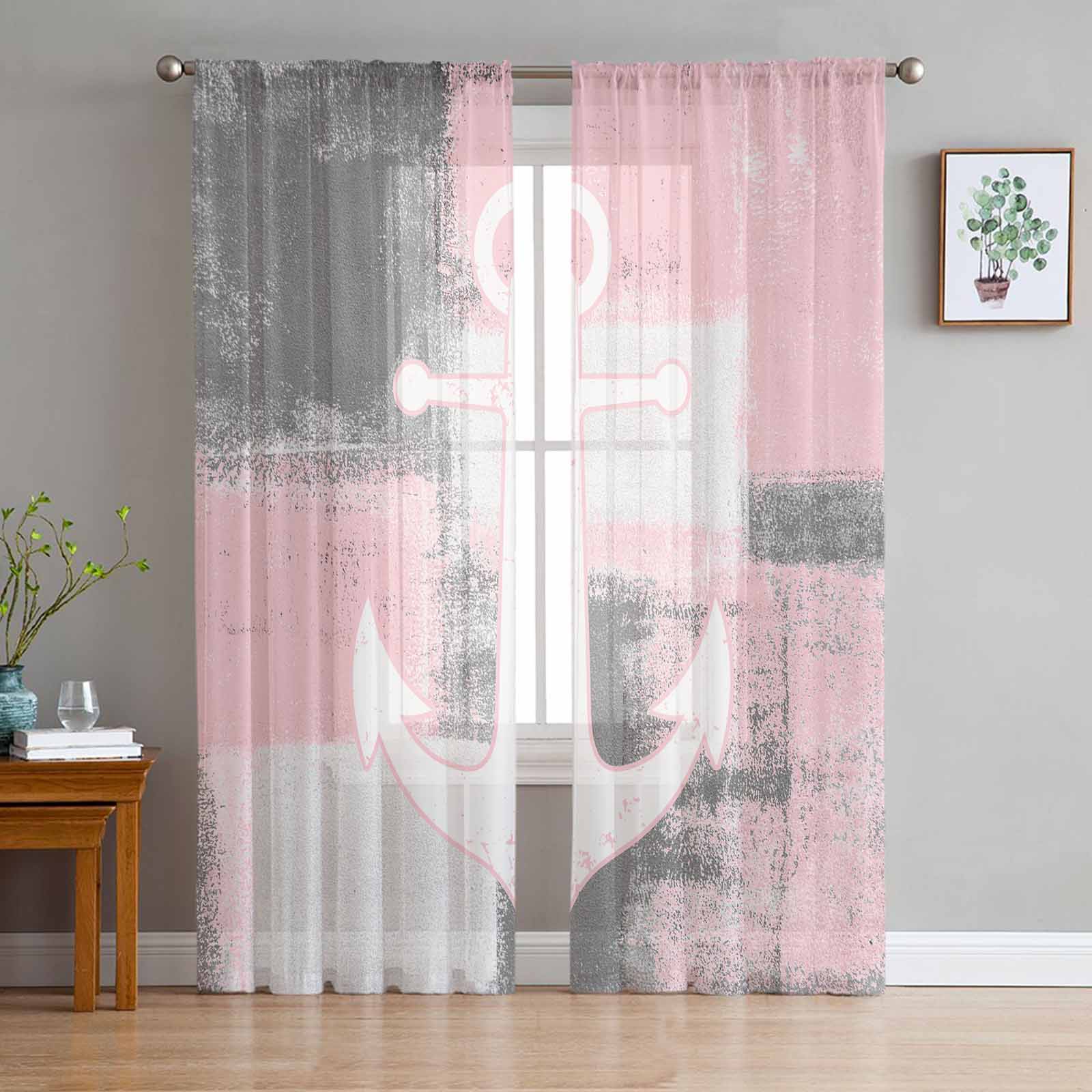 Retro Abstract Paint Ship Anchor Pink Window Tulle Curtains for Living Room Bedroom Hotel Luxury Decoration Sheer Curtains 135W x 114H(cm)
