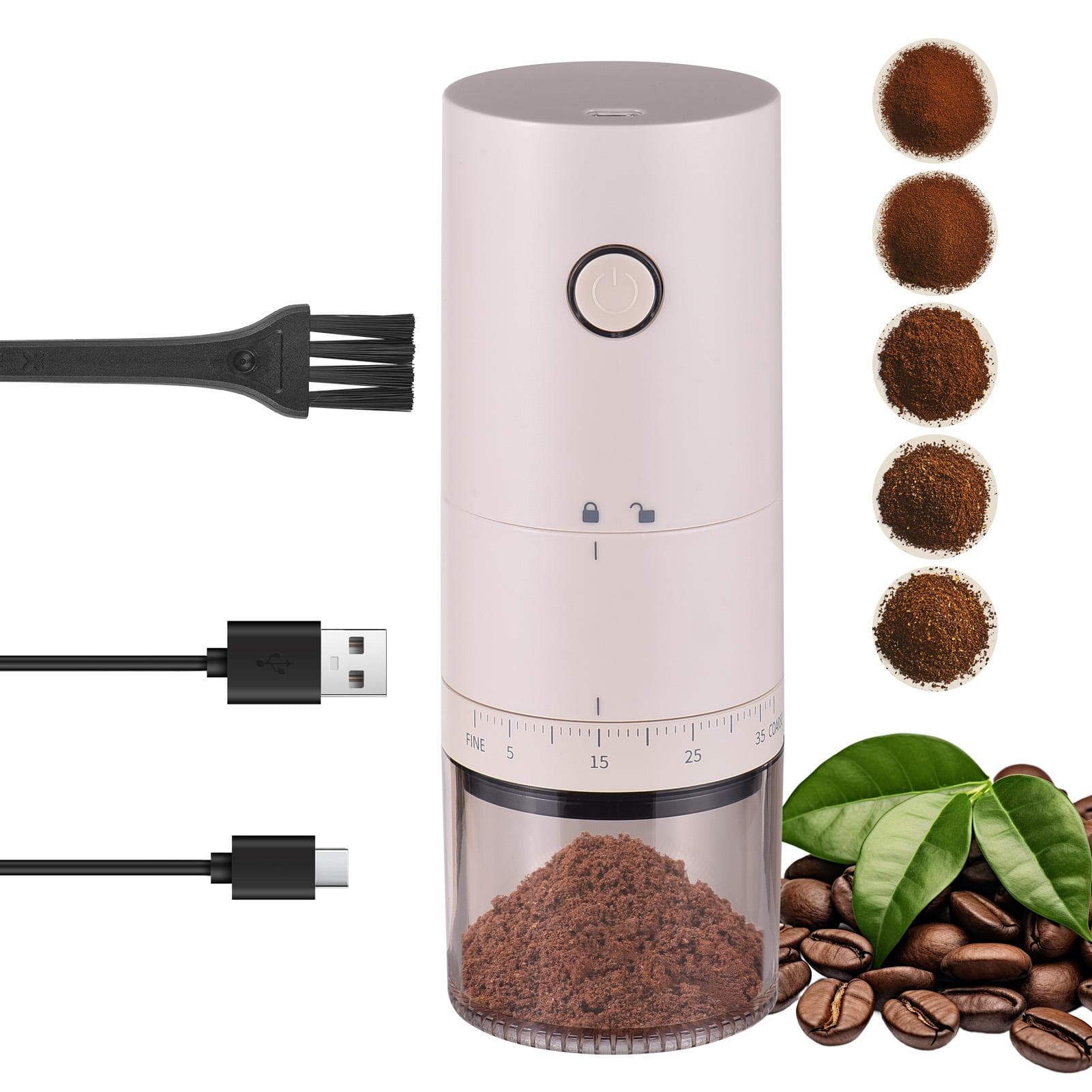 Portable Coffee Bean Grinder with 38 Grinding Setting Indicator Light 5-blades Ceramic Conical Burr beige