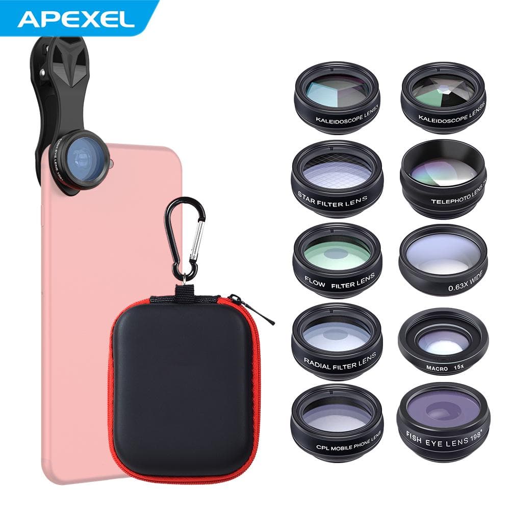 APEXEL 10 in 1 Phone Camera Lens Kit with 0.63X Wide Angle + 15X Macro + 198 degrees Fisheye + 2X Telephoto 10 in 1 multicolour