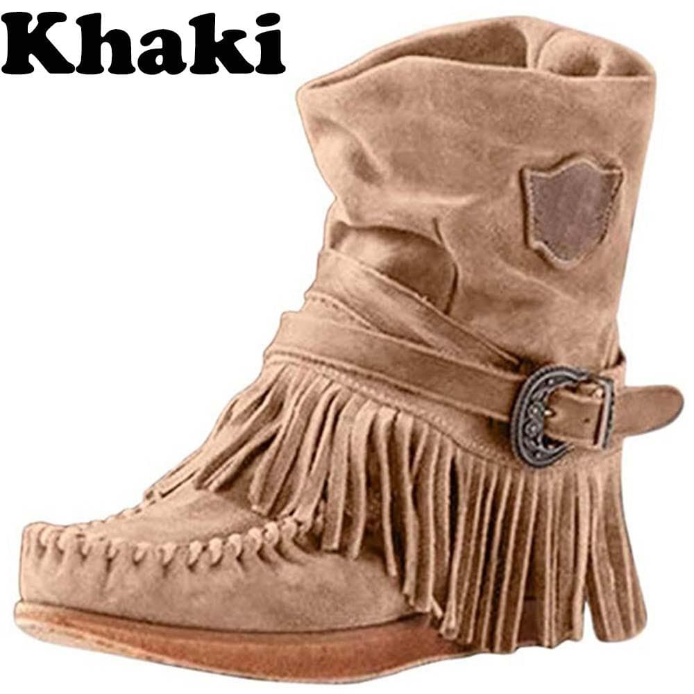 Women's Fahion Winter Round Head Flat Heels Fringe Ankle Boots Ladies Retro Suede Leather Short Tube Thick Tassel Ankle Snow Booties Plus Size 35-43 41 khaki