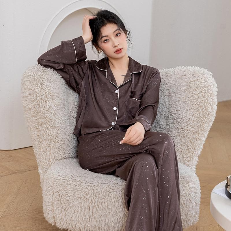 Blue Striped Long-sleeved Pajamas Two-piece Set Spring and Autumn Casual Home Wear Women's Loose Lapel Pajamas Home Wear XL