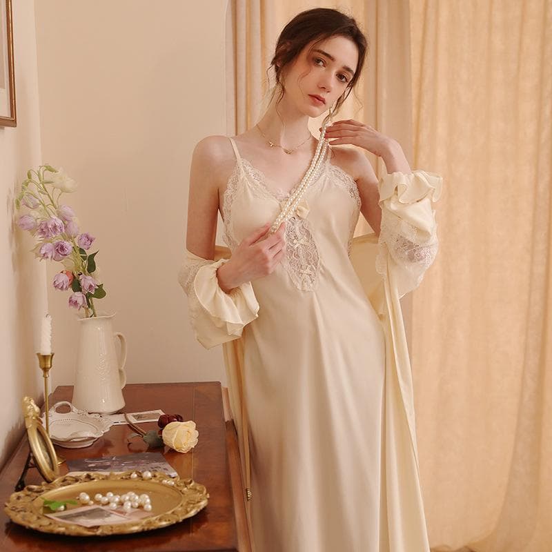 Women's Long Bathrobe Set 2 Piece Sexy Backless Solid Satin Women's Dressing Gown and Nightgown Lace Nightgown for Women XL yellow