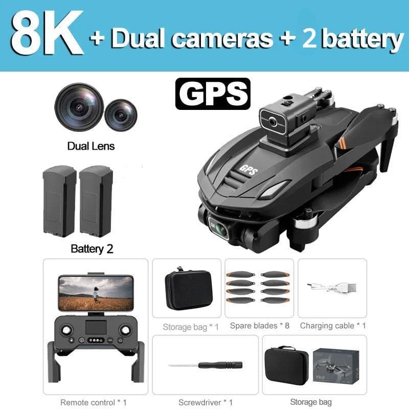 New V168 PRO Drones GPS Profesional 8K with HD Camera FPV 5G Wifi Brushless Motor Foldable RC Quadcopter Obstacle Avoidance Drone Toy Gift 8K GPS 2 battery black