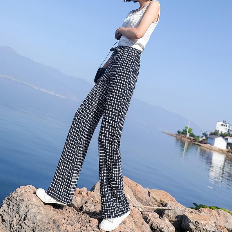 Ice Silk Black and White Plaid Wide-leg Pants for Women's Summer Chiffon Loose Straight High Waist Drape Slim Casual Pants Thin XXL