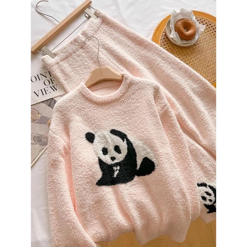Winter Thick Plush Sleepwear Two Piece Set Female Sweet Cute Cartoon Panda Pajamas Flannel Fleece Loungewear Pijamas Homewear One Size