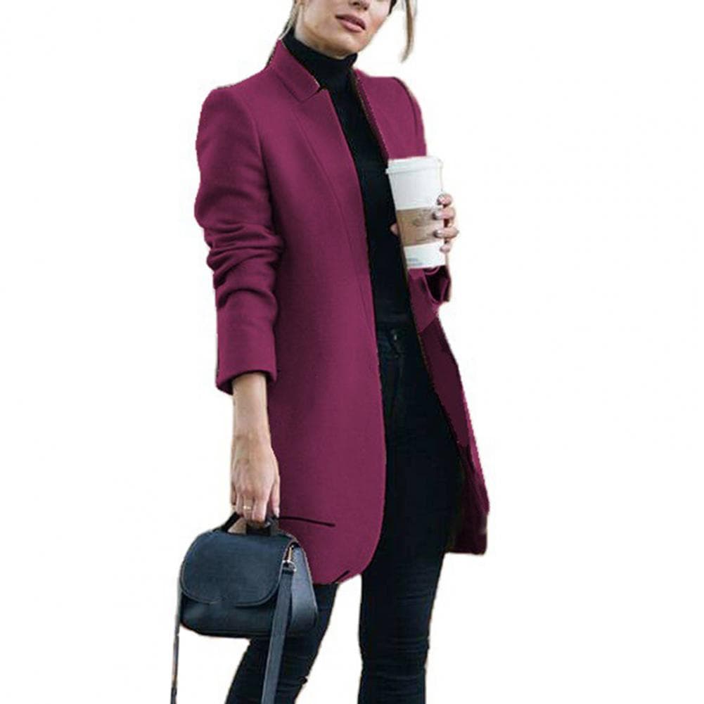 Fall Spring Women Woolen Coat Stand Collar Open Stitch Slim Fit Overcoat Long Sleeves Mid Length Solid Color OL Commuting Formal M purple