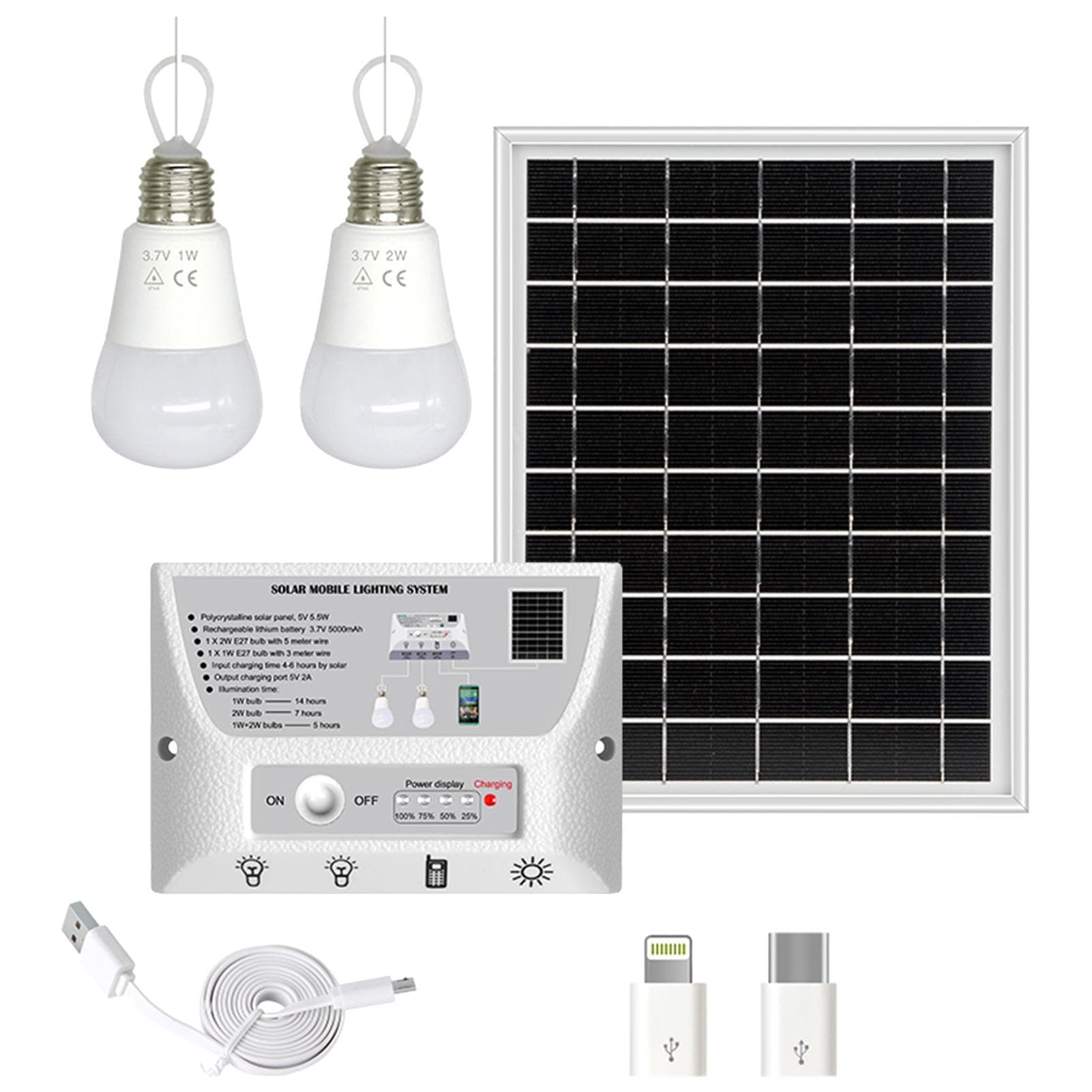 Portable Solar Lighting System Waterproof 5.5W Solar Panel 1W & 2W LED Bulbs 5000mAh Controller White Light white