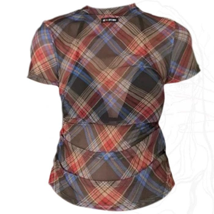 New Checked Short-sleeved T-shirt for Women In Summer Sweet and Cool Waist-hugging and Slimming Street Top XL