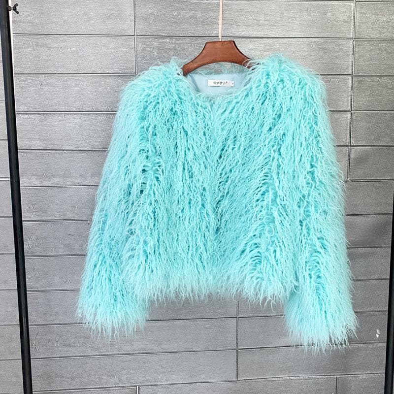16 Color Women's Fur Coat Colorful Fluffy Pink Lamb Fur Faux Fur Coat Sheepskin Coat Winter Faux Fur Coat M light blue