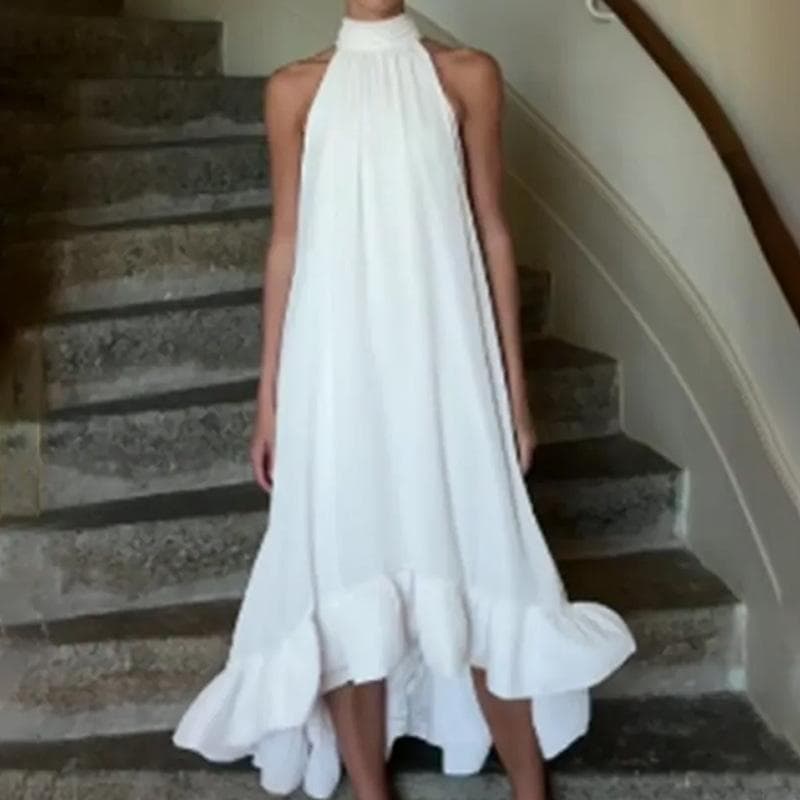 New Women's Clothing Elegant and Fashionable Sleeveless Solid Color Pleated Halter Neck Dress 3XL white