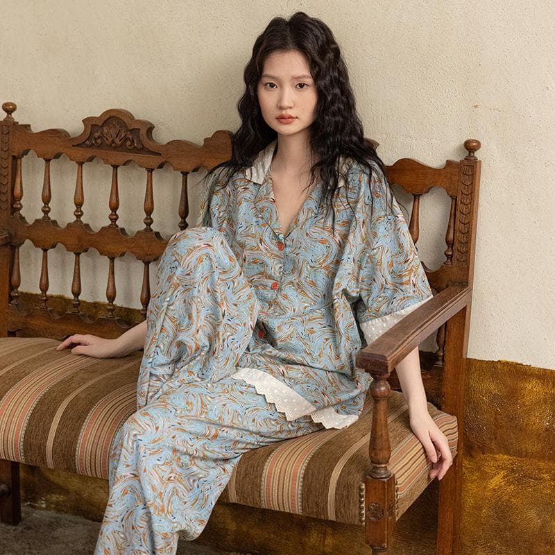 Pajama Pants Set Short Sleeve Pants Women's Clothing Homewear Summer New Retro Simple Comfortable Casual Breathable Loose Large XL
