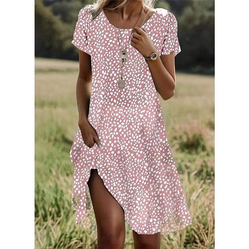 YYFS Women's Fashion Summer Spring Polka Dot Print Short Sleeve O-Neck Loose Waistline Casual Dresses XXXL pink