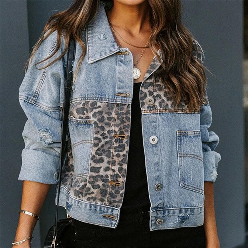Autumn and Winter Denim Jacket Women's Long-sleeved European and American Denim Jacket Jacket Women's Leopard Print Splicing 3XL