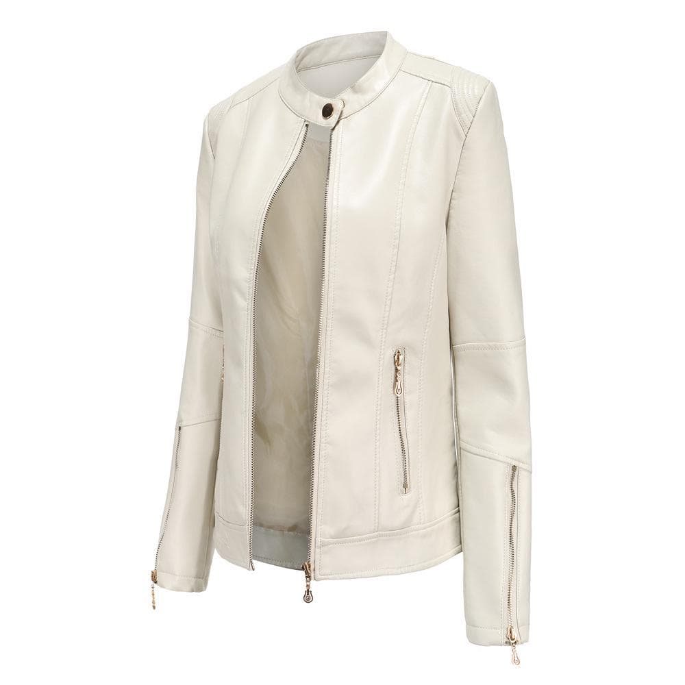 New Fashion Women's Leather Jacket PU Leather Short Coat Stand Collar Jacket Women's Spring and Autumn Thin Leather Jacket Navy Blue Leather Jacket L