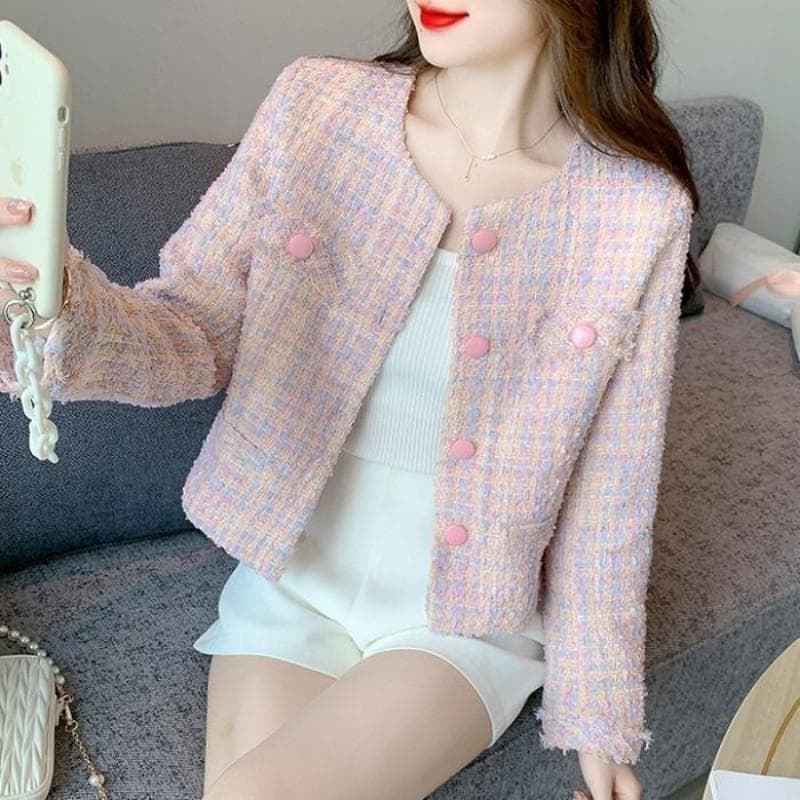 Short Korean Version Women's Top New Long-sleeved Celebrity Design French Thin Coat XL pink