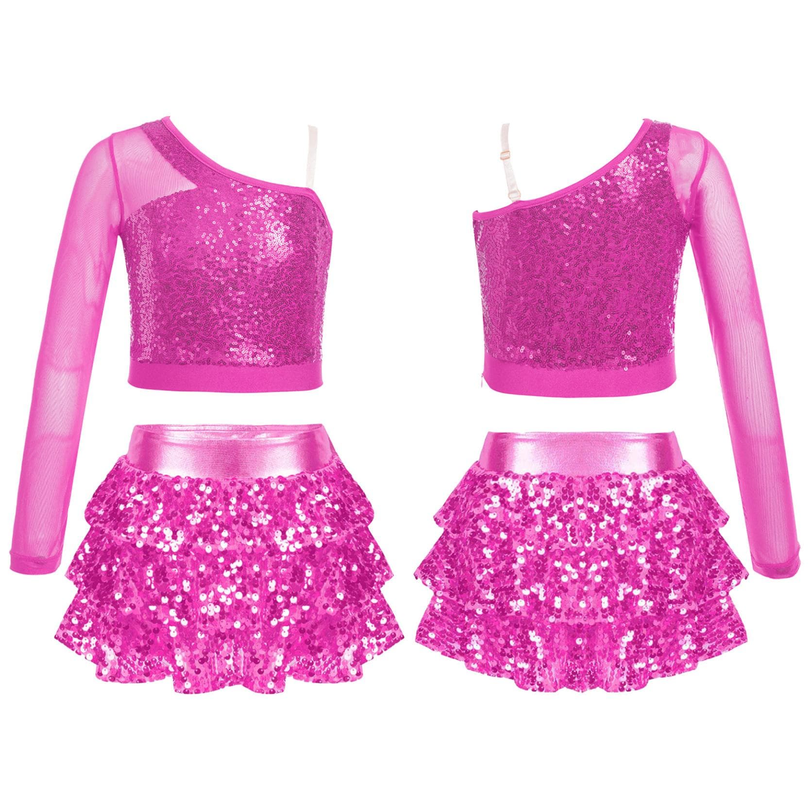 Kids Girls Dance Stage Performance Costume Sparkly Sequins Long Sleeve One Shoulder Top with Tiered Ruffle Skirted Shorts 9-10 Years hot pink
