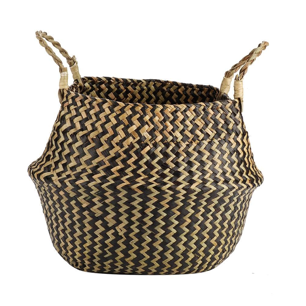 1Pc Foldable Natural Seagrass Woven Storage Basket Clothes Organizer Plant Flower Pot(Black)