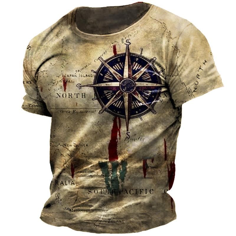 Vintage Men's T-shirt Summer American Shirt Tops Compass Printed Short-sleeve Tees Loose Daily Men Clothing Casual Streetwear 5XL