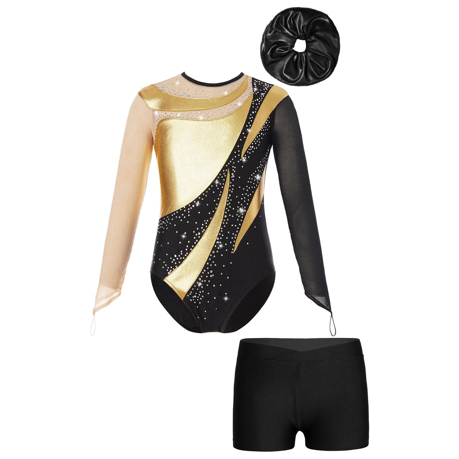 Kids Girls Gymnastic Leotard Long Sleeve Mesh Keyhole Back Design with V-Front Shorts Set 13-14 Years