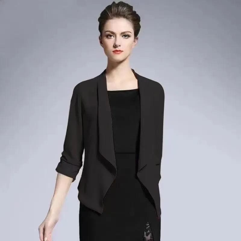Chiffon Sun Protection Cardigan Thin Shawl Short Coat Ladies Loose Long Sleeve Jacket Lightweight Breathable Top M black