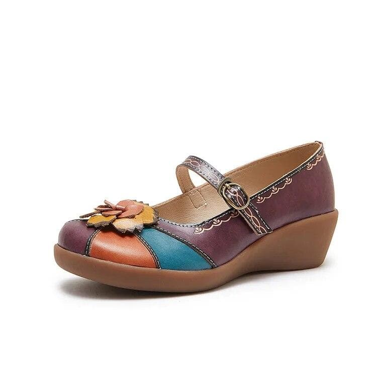 Johnature Vintage Flower Colour Wedges Sandals Genuine Leather Handmade Ethnic Style Comfortable Women Shoes 35 purple