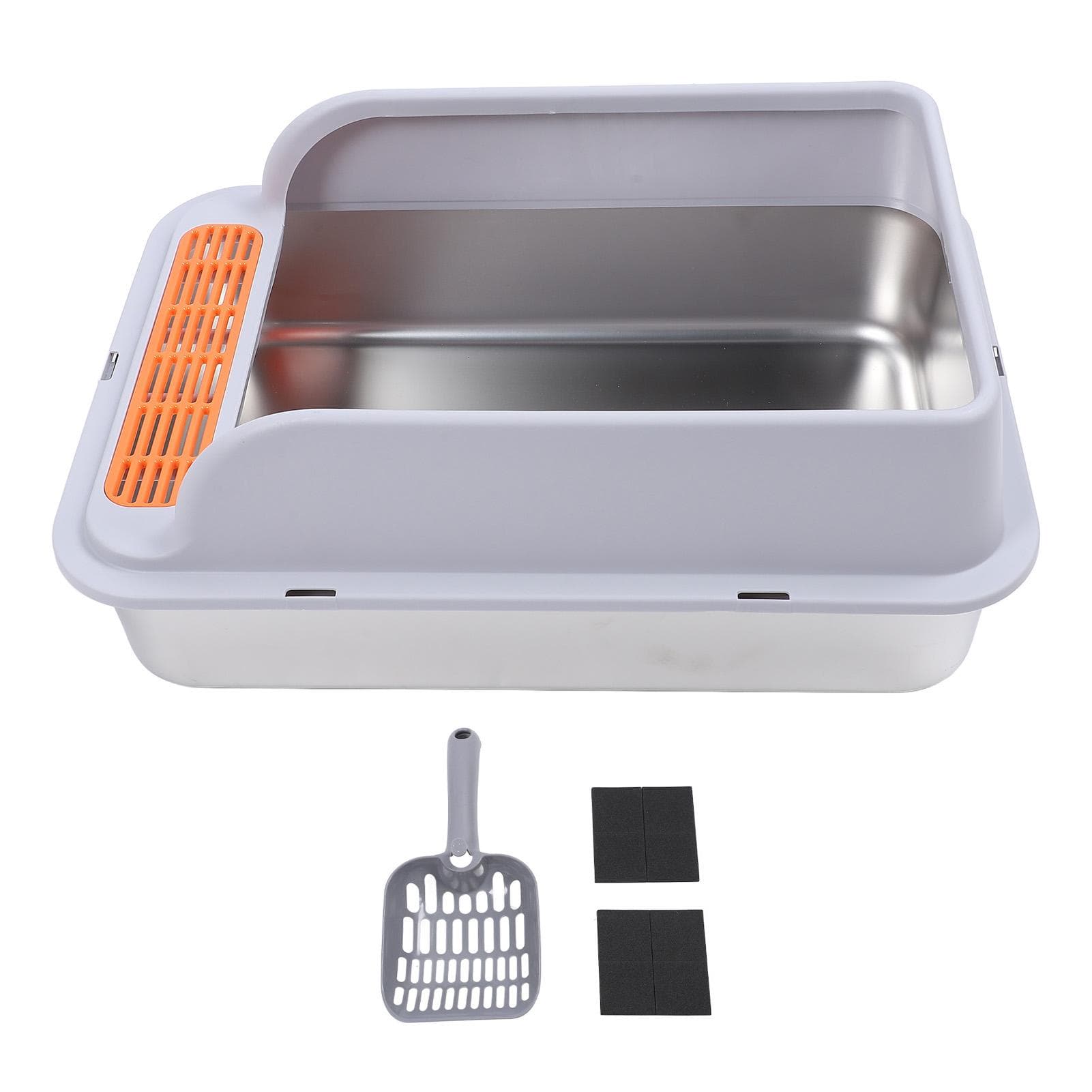 Large Metal Litter Box Stainless Steel Anti Splashing High Sided Kitty Litter Tray with Pedal L light gray