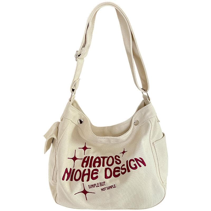 Canvas Bag Female College Students Lazy Style Large Capacity Single Shoulder Crossbody Niche Alphabet Embroidery Tote Bag