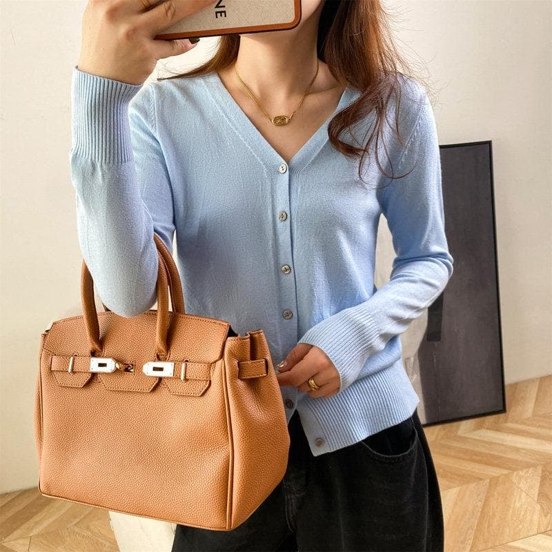 Spring and Autumn Women's Cardigan Jacket V-neck Knitted Cardigan Short Loose Peplum Sweater Thread Sweater XL sky blue