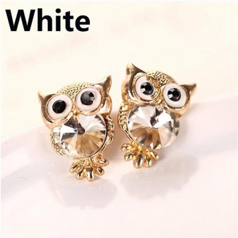 1 Pair of Earrings Women's Cute Owl Ear Studs Rhinestone Earrings Charm Fashion Jewelry white