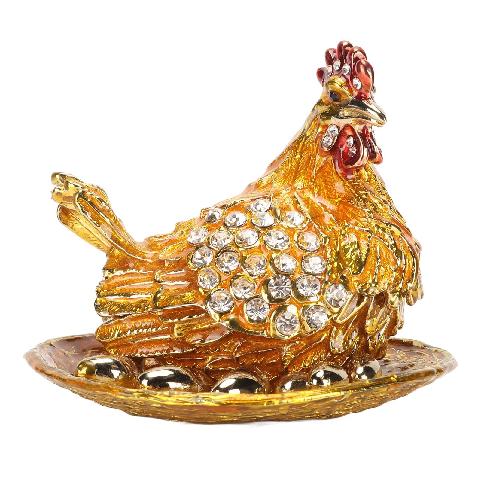 Golden Hen Figurine Trinket Boxes Handcraft Exquisite Small Jewelry Box with Rhinestones for