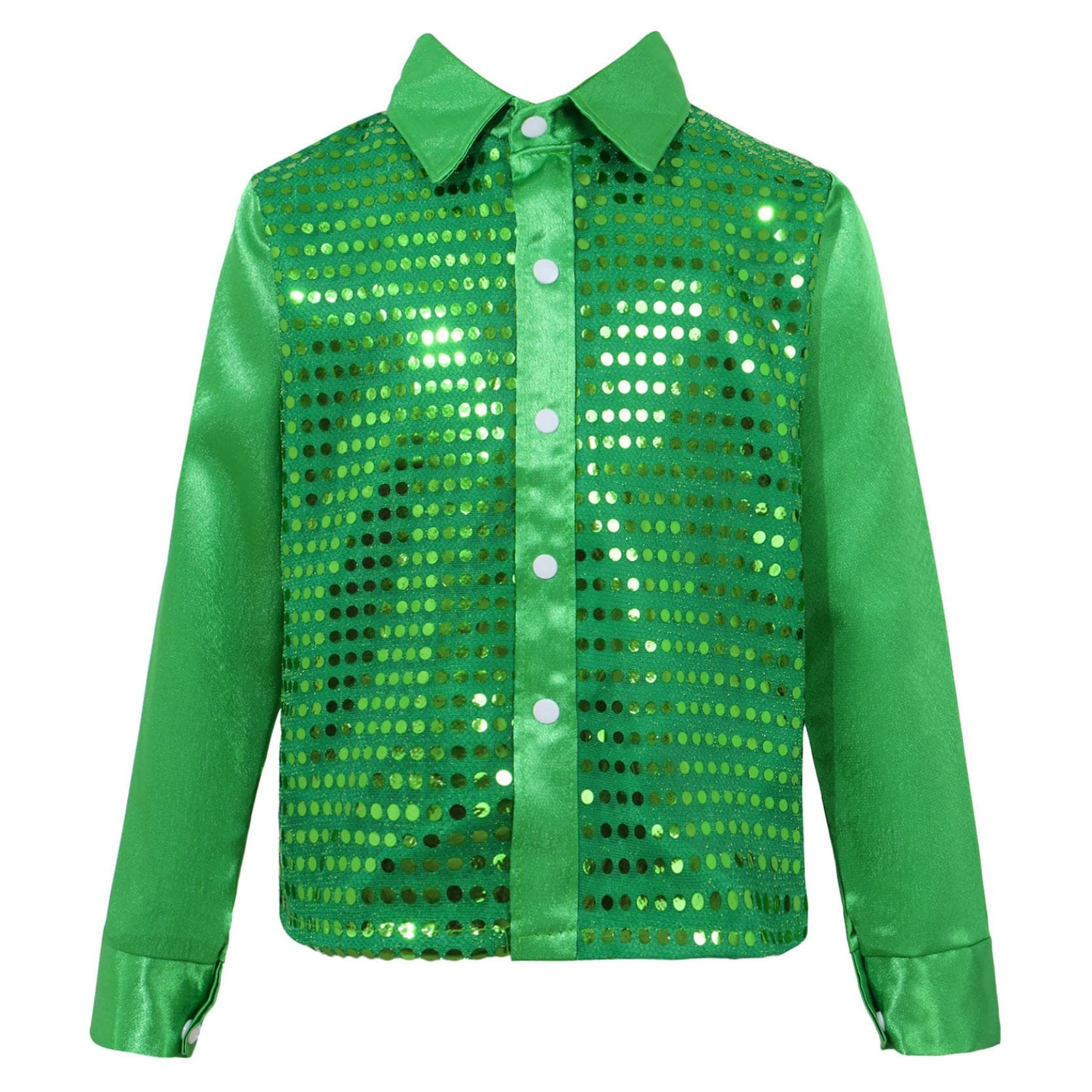 Kids Teens Boys Sequined Long Sleeve Shirt Hip Hop Jazz Disco Dance Shirt Tops Performance Costumes 7-8 Years green
