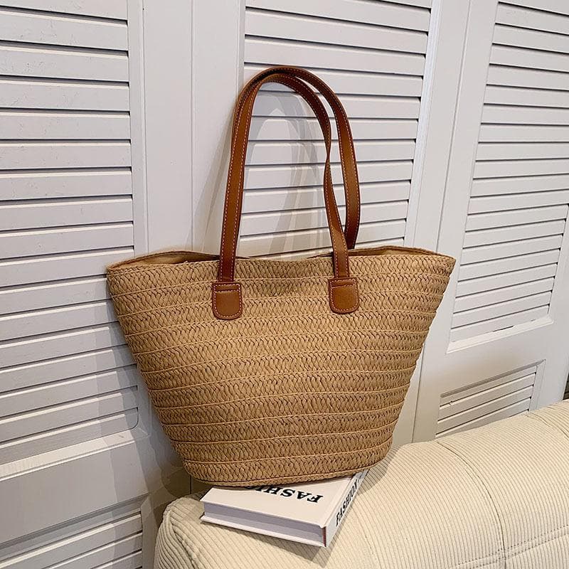 Women's Large Capacity Shoulder Bag Summer Straw Woven Basket Handbag Fashi Female Luxury Designer Beach Bag Bali Shopper Tote 23x14x29cm khaki