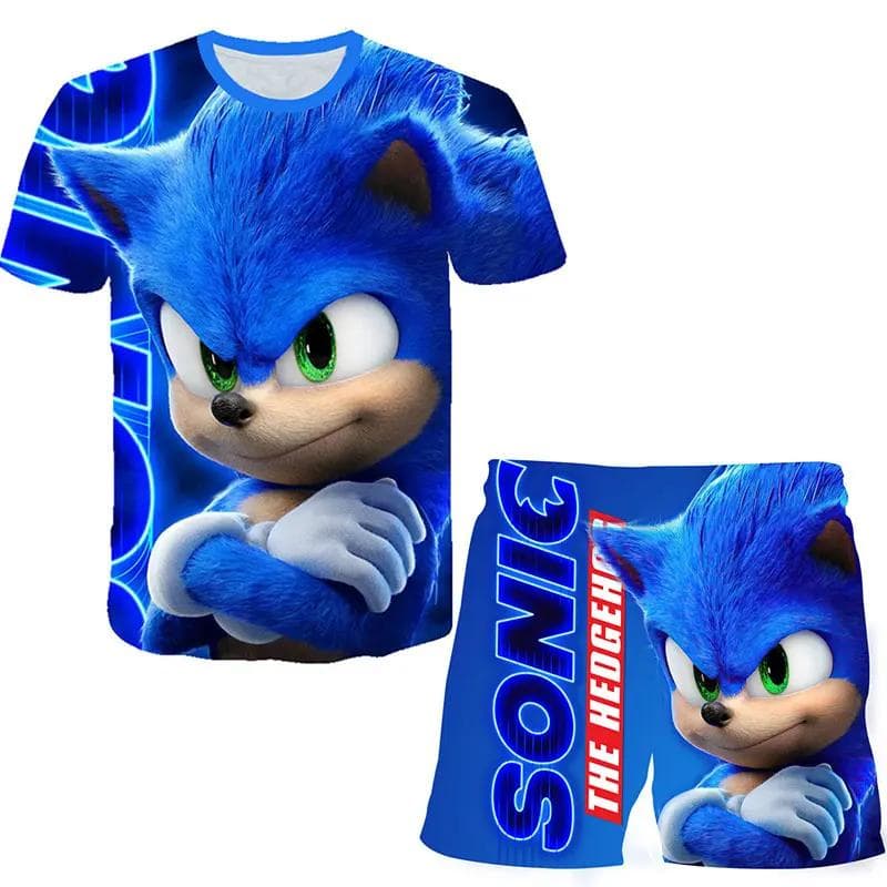 2025 MINISO New boys and girls super sonic Tshirts+shorts Harajuku Sonic print suit T-shirt + shorts fashion street style children's short sleeves 160