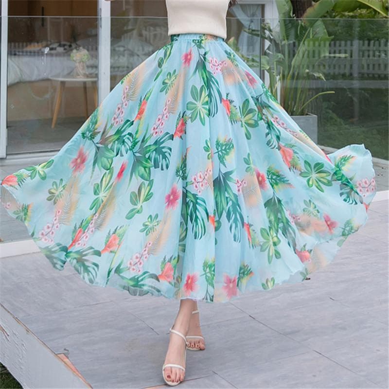 Women Chiffon Half-body Dress 2025 Spring Summer New Floral Half-body Vacation Style Beach Skirt M light green
