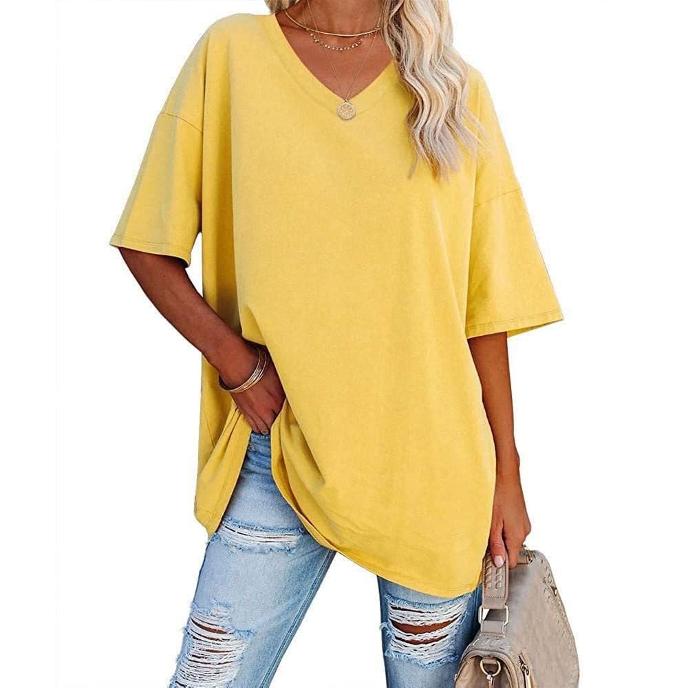 Summer Women's T-shirt Casual Solid Color V-Neck Large Size Loose Short Sleeve Top XL yellow