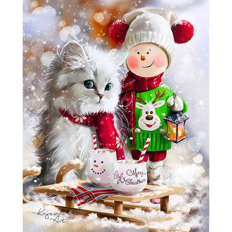 Diamond Painting Cross Stitch Full Round Drill Child and cat Diamond Embroidery 20X30CM